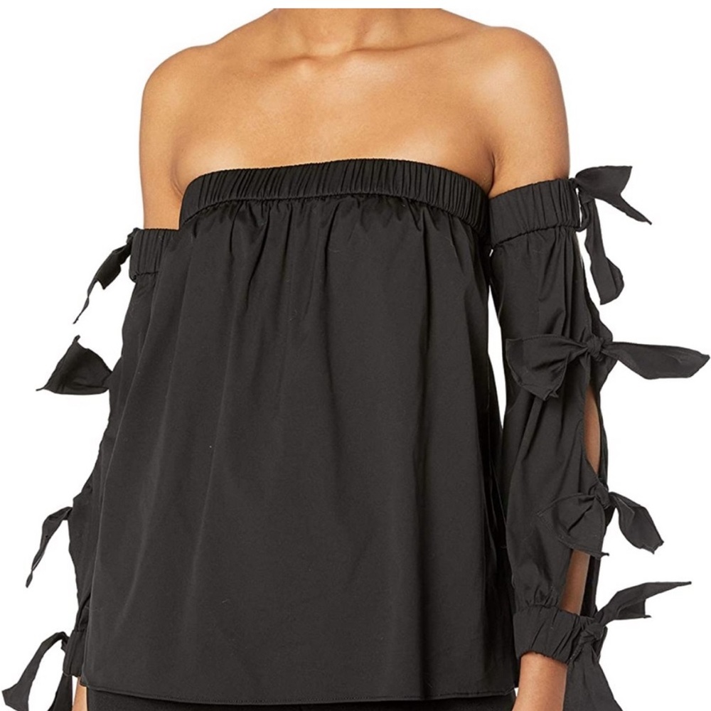Black MILLY “Blithe”, off the shoulder top w/ bow accents. Elegant whimsy Sz S